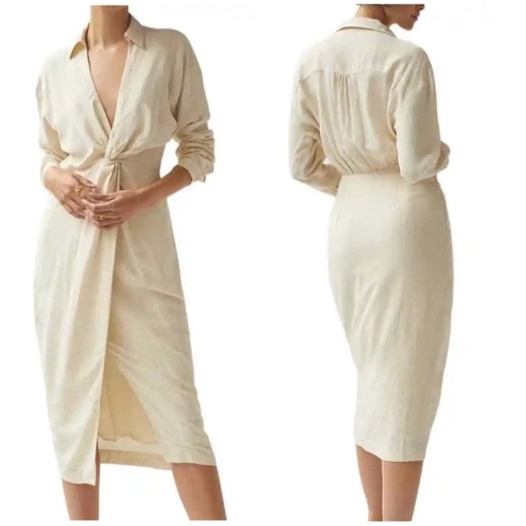 NWT Anthropologie V Neck Knot Front Long Sleeve Faux
Wrap Midi Dress Ivory Linen - Picture 2 of 15